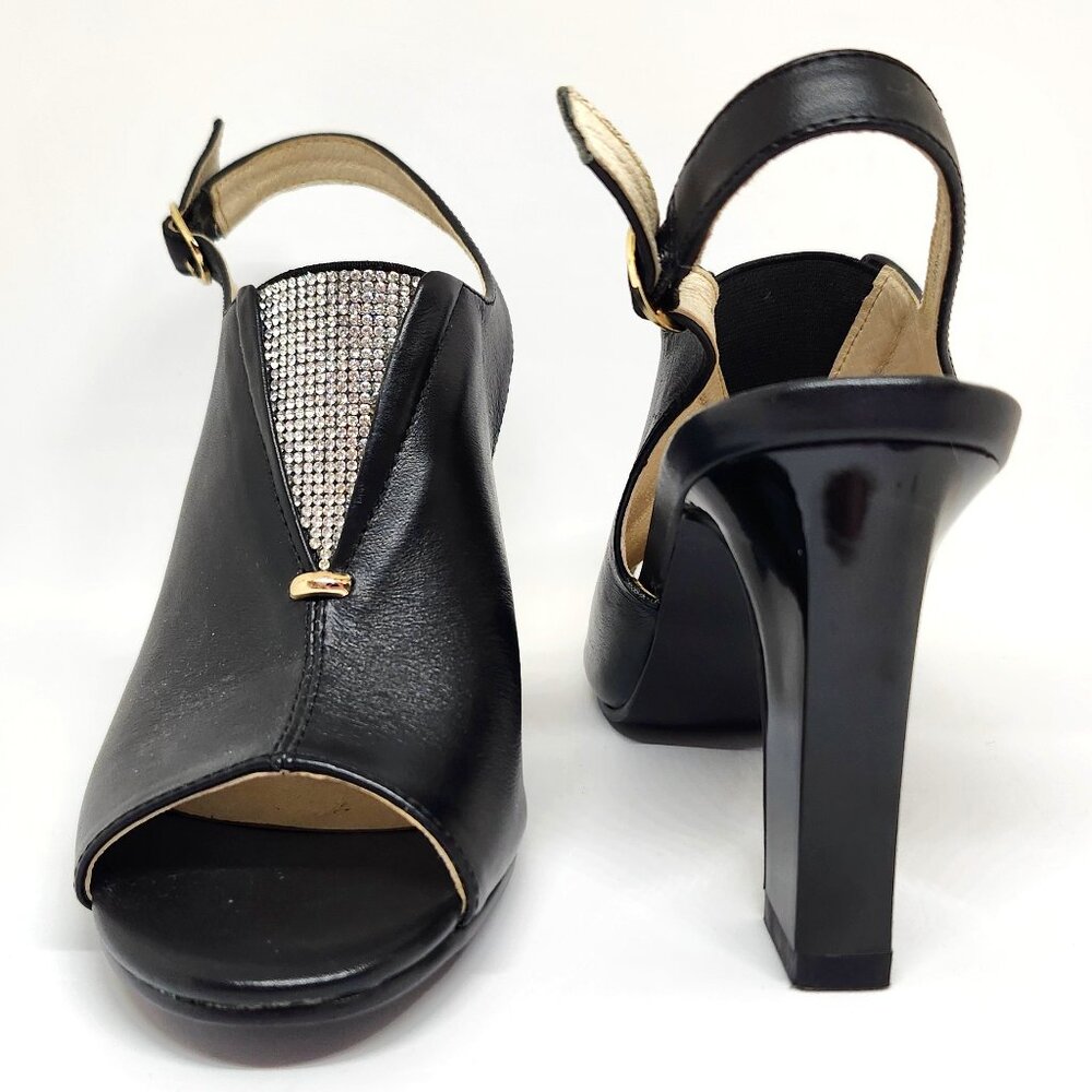 Kiss Kiss Women's Black Slingback Leather Block High-Heel W/Rhinestones Size 7.5